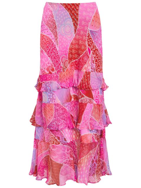 RIXO Rixo Preslee Patterned Crepe de Chine Midi Skirt
