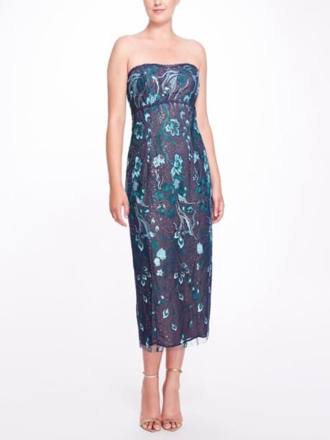 Marchesa STRAPLESS EMBROIDERED TEA LENGTH GOWN