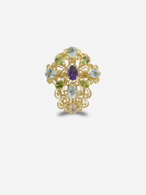 Dolce & Gabbana Pizzo ring in yellow gold filgree with amethyst, aquamarines, peridots and morganite