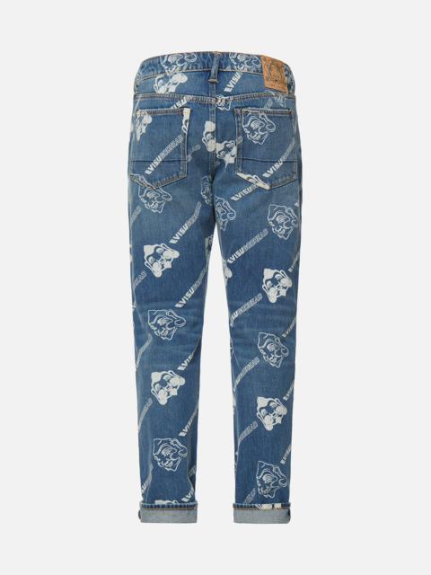 EVISU ALLOVER GODHEAD AND LOGO DISCHARGED  PRINT CARROT-FIT JEANS #2017