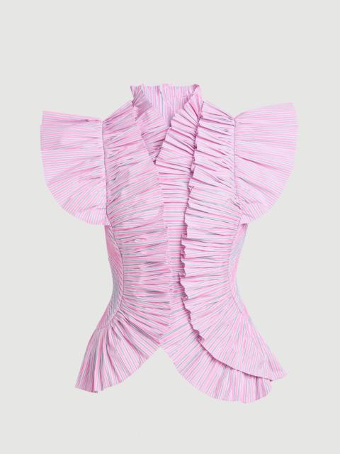 KAREN MILLEN Pleated Stripe Ruffle Sleeve Woven Top
