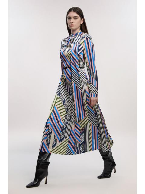 KAREN MILLEN Geo Print Satin Wrap Neck Woven Maxi Dress