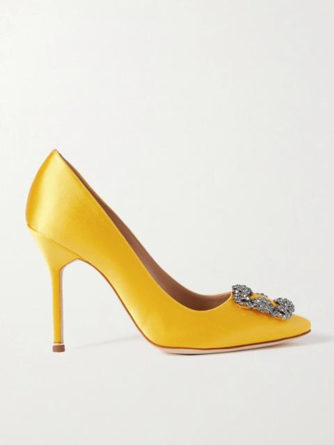 Manolo Blahnik Hangisi 105 crystal-embellished satin pumps Yellow