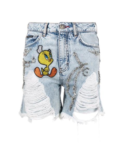 Looney Tunes-embellished denim shorts