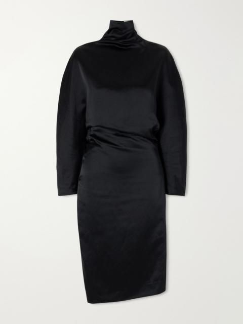 KHAITE Harlin draped satin turtleneck knee-lenght dress Black