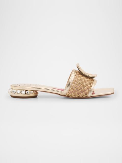 Roger Vivier Leather & Raffia Jewel Slide Mules