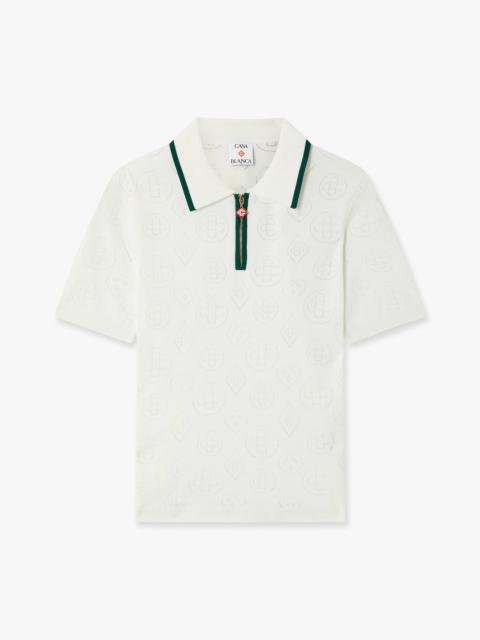 CASABLANCA White Pointelle Monogram Short Sleeve Cropped Polo Shirt