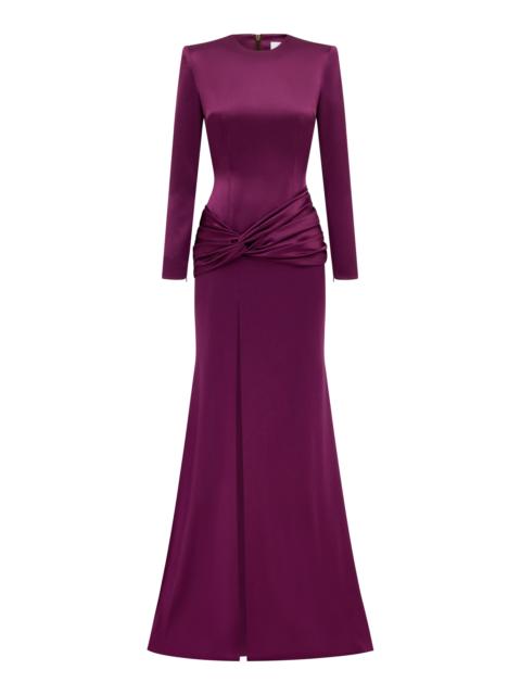 ALEX PERRY Long Sleeve Knot Gown In Satin Crepe burgundy