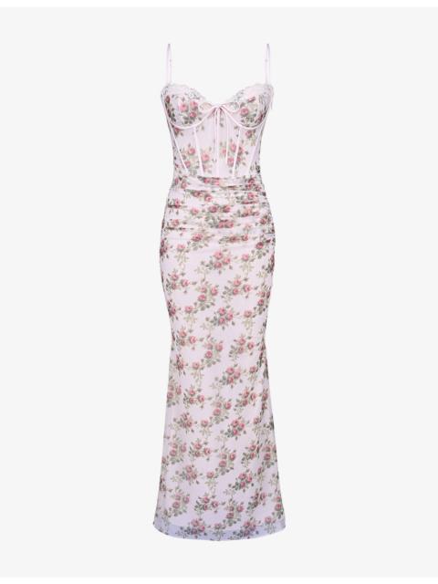 House of CB Calista Floral-Print Body-Con Stretch-Mesh Maxi Dress