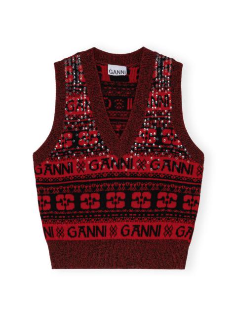 GANNI RED SEQUINS LOGO WOOL MIX VEST