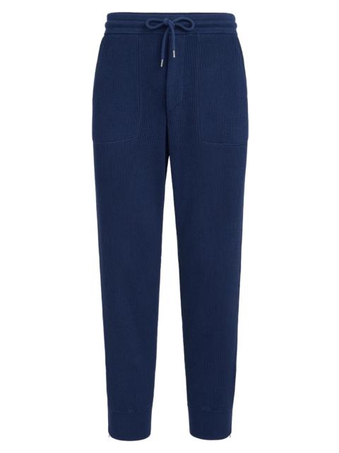 Brunello Cucinelli Men's Cotton English Rib Knit Trousers with Zipper Cuffs - Blue