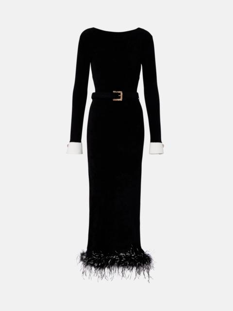 self-portrait Belted feather-trimmed midi dress