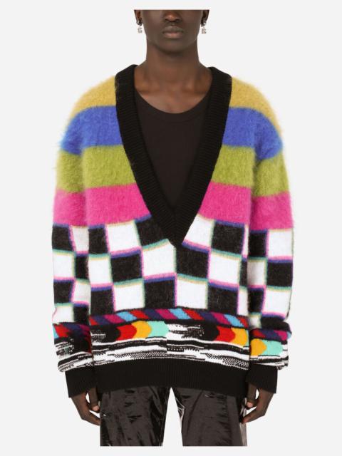Jacquard V-neck sweater with multi-color glitch design