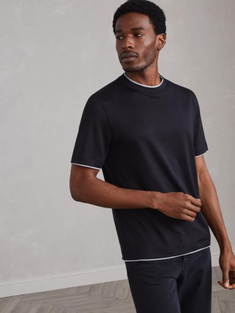 Silk and cotton lightweight jersey crew neck T-shirt with faux-layering