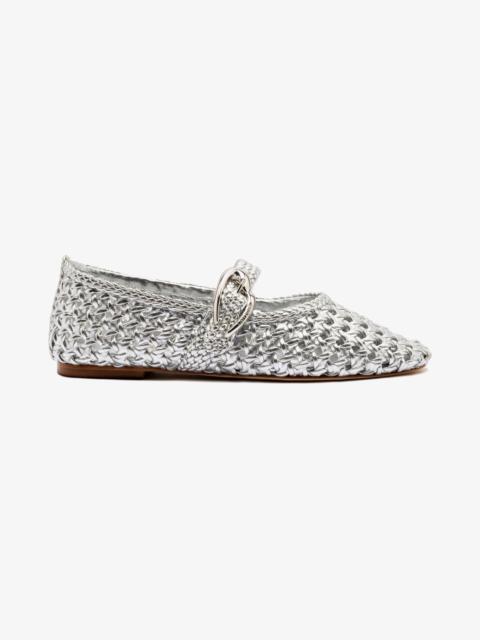 Larroudé Verona Macrame Ballet Flat In SIlver Metallic Leather