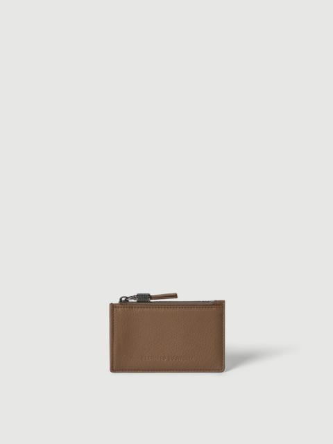 Brunello Cucinelli Grained leather card case with shiny zipper pull