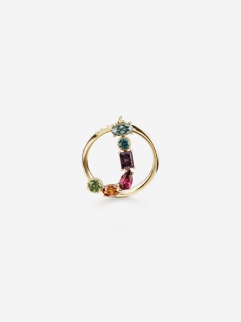 Rainbow alphabet J ring in yellow gold with multicolor fine gems