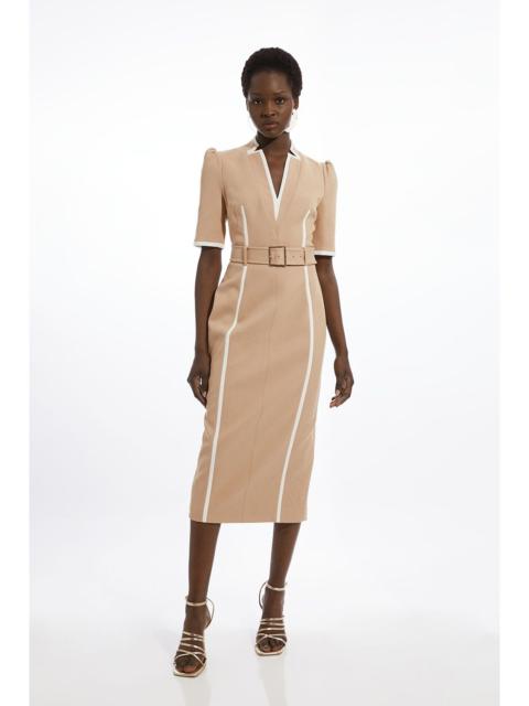 KAREN MILLEN Petite Compact Stretch Contrast Tipped Forever Belted Tailored Midi Dress