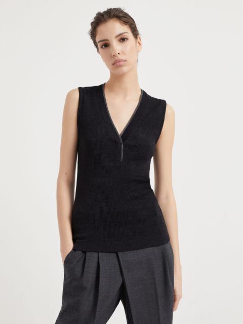 Ribbed wool jersey top with shiny neckline