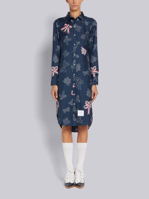 Thom Browne Navy Silk Twill Ribbon Outline Print Classic Below Knee Shirtdress