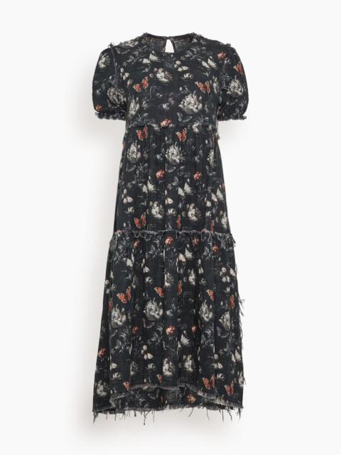 R13 Reversible Shredded Relaxed Midi Dress in Black Butterflies with Plaid