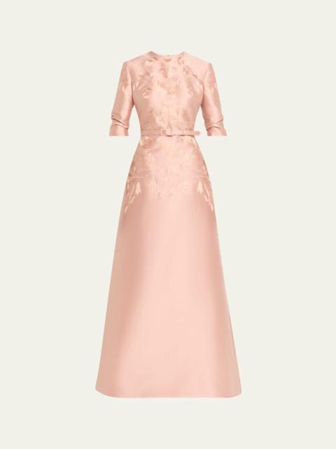 REEM ACRA Embroidered Mikado Silk 3/4-Sleeve Gown With Belt