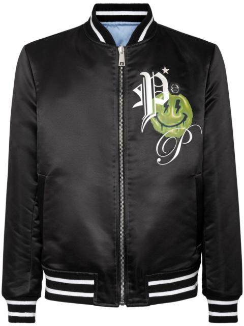 PHILIPP PLEIN logo-print satin-finish reversible bomber jacket
