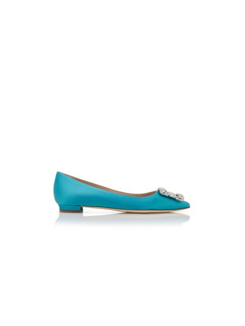 Turquoise Satin Jewel Buckle Flat Shoes