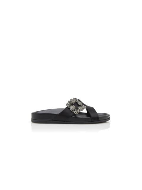 Manolo Blahnik Black Satin Jewel Buckle Flat Mules
