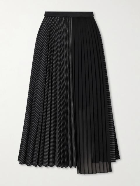 sacai Pleated Striped Chiffon-trimmed Cotton-blend Poplin Maxi Skirt