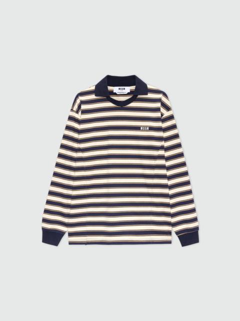MSGM Blue striped long-sleeve cotton jersey T-shirt with chest logo