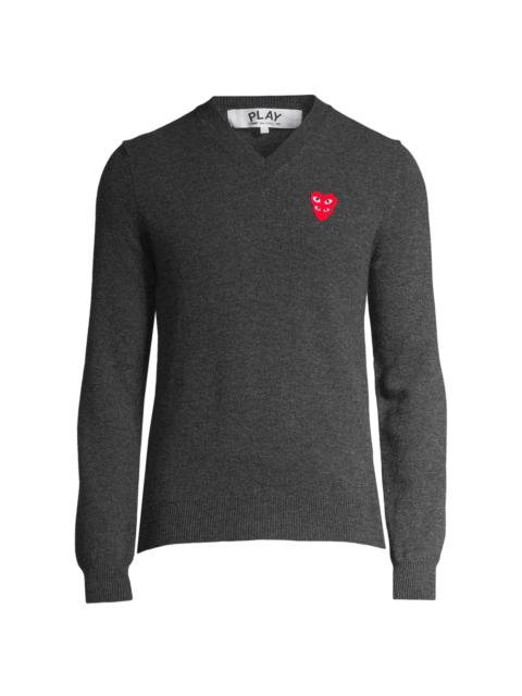 Comme des Garçons PLAY Men Play Double Heart V-Neck Pullover - Grey