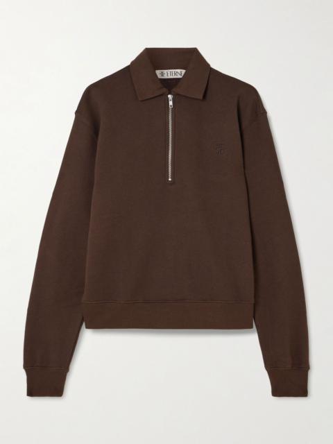 ÉTERNE Embroidered French cotton and modal-blend terry half-zip sweatshirt Chocolate