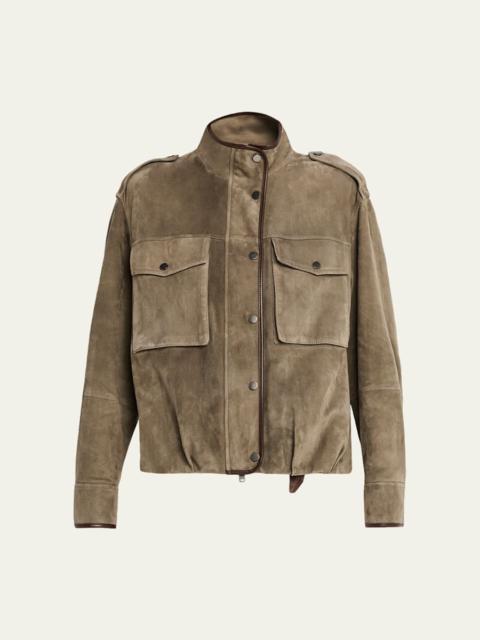 Brunello Cucinelli Couture Suede Utility Jacket With Contrast Leather Piping