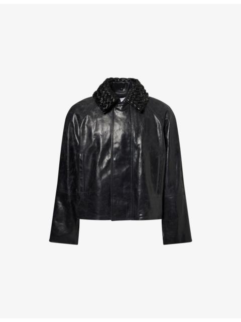 Bottega Veneta Intreccio-Collar Crackled Leather Jacket
