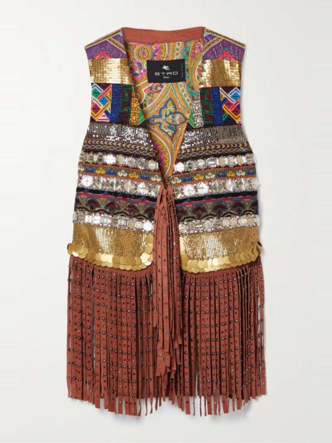 Embellished fringed suede and cotton-voile vest