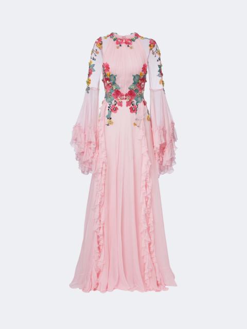 COSTARELLOS Embellished floral-appliqué silk gown