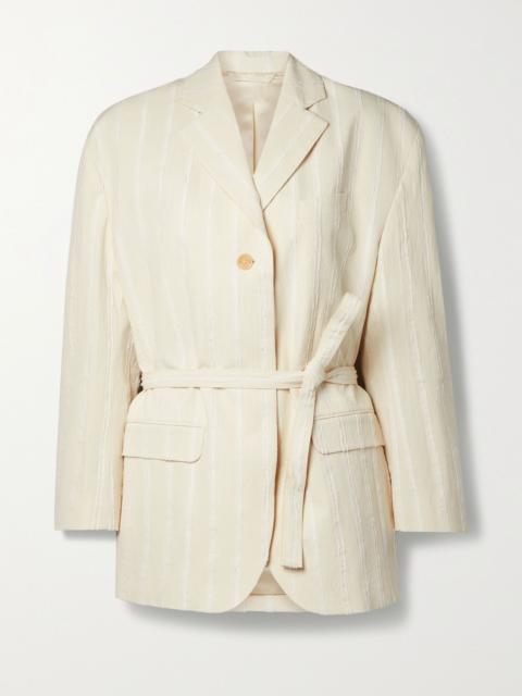 Acne Studios Belted striped fil coupé cotton-blend blazer Cream