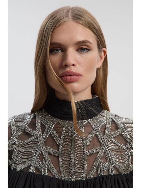 KAREN MILLEN Crystal Embellished Cutwork Cape Detail Woven Drama Blouse