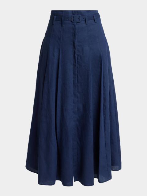 GABRIELA HEARST Dugald Pleated Linen Belted Midi Skirt