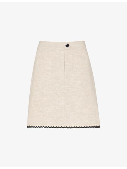 WHISTLES Broderie-Trim High-Rise Linen-Blend Mini Skirt