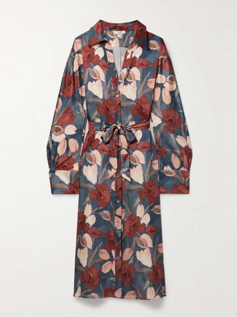 Vince Nouveau floral-print belted charmeuse midi shirt dress