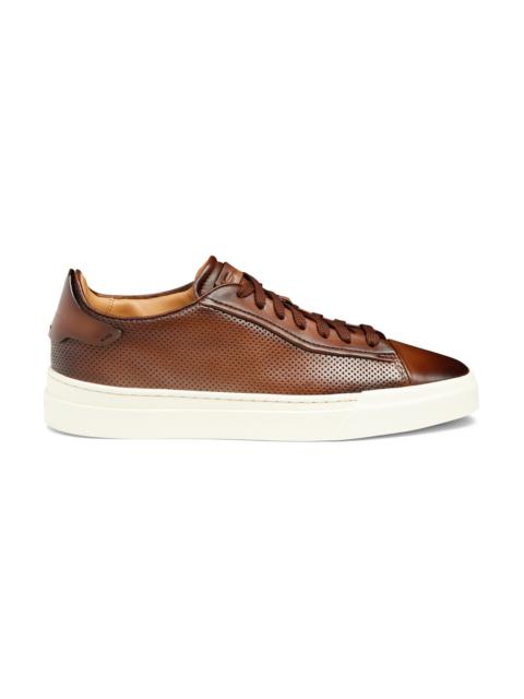 Men's polished brown leather perforated-effect sneaker