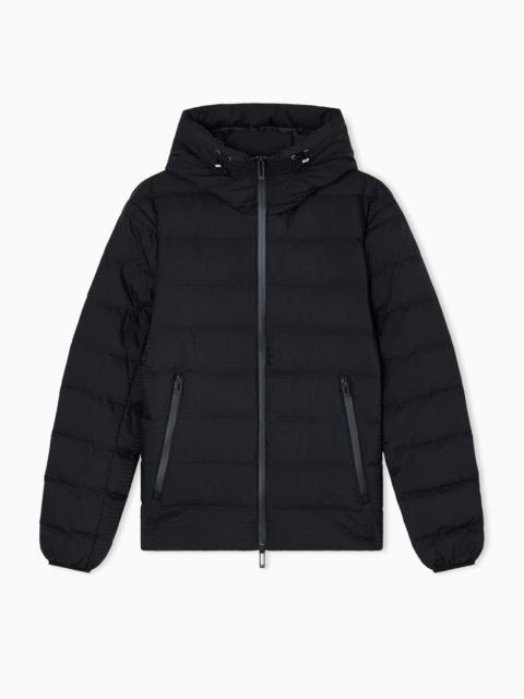EMPORIO ARMANI HOODED, QUILTED-NYLON DOWN JACKET WITH JACQUARD LOGO LETTERING