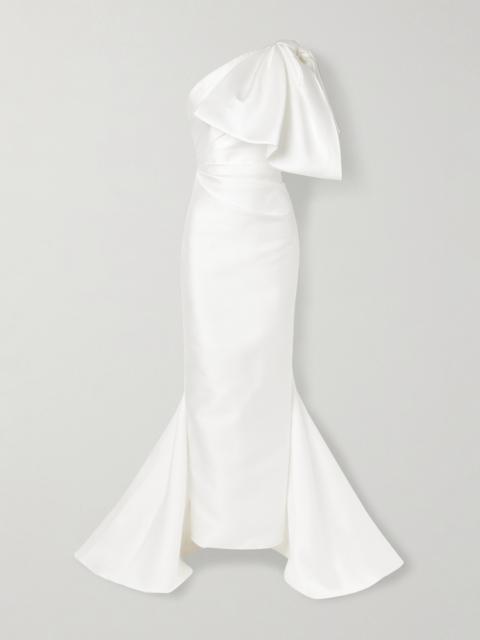 SOLACE LONDON Priya One-shoulder Gathered Satin-twill Gown