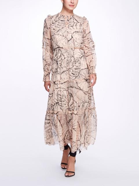 Marchesa LONG SLEEVE TIERED MIDI DRESS