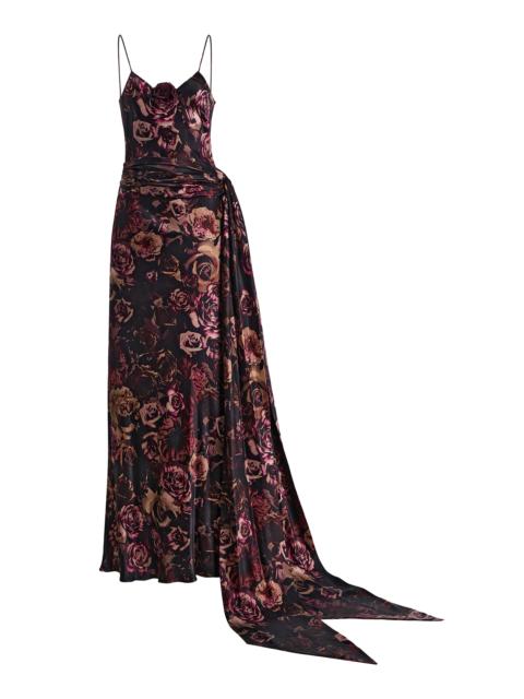 RODARTE Rose-Print Silk-Satin Slip Scarf Gown