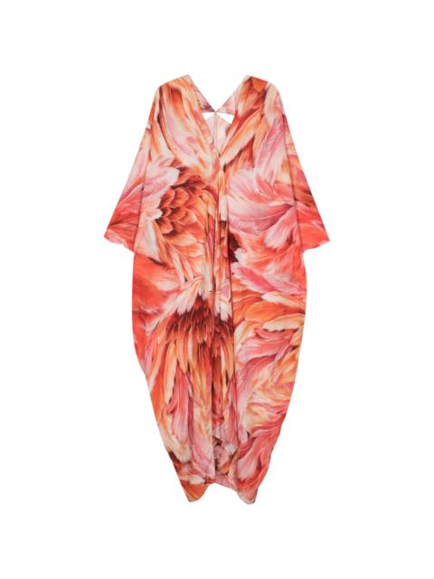 Plumage-print V-neck dress