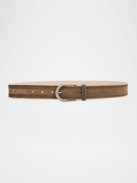 Brunello Cucinelli Wes Textured Suede Belt with Monili Trim