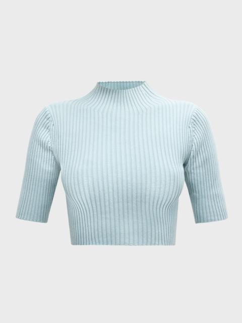Turtleneck Short-Sleeve Cotton-Wool Crop Top